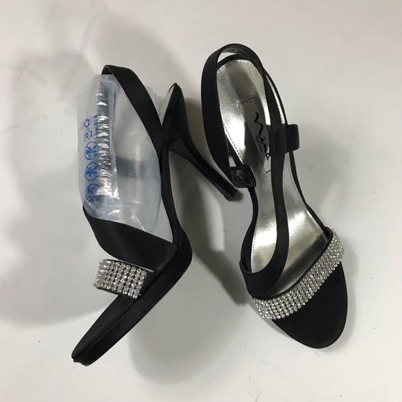 Nina Black Satin + Rhinestone Strappy High Heels - Picture 2 of 13